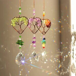 Tree Of Life Heart Shaped Suncatchers - Chakra Stones - Prism Pendant - Crystals